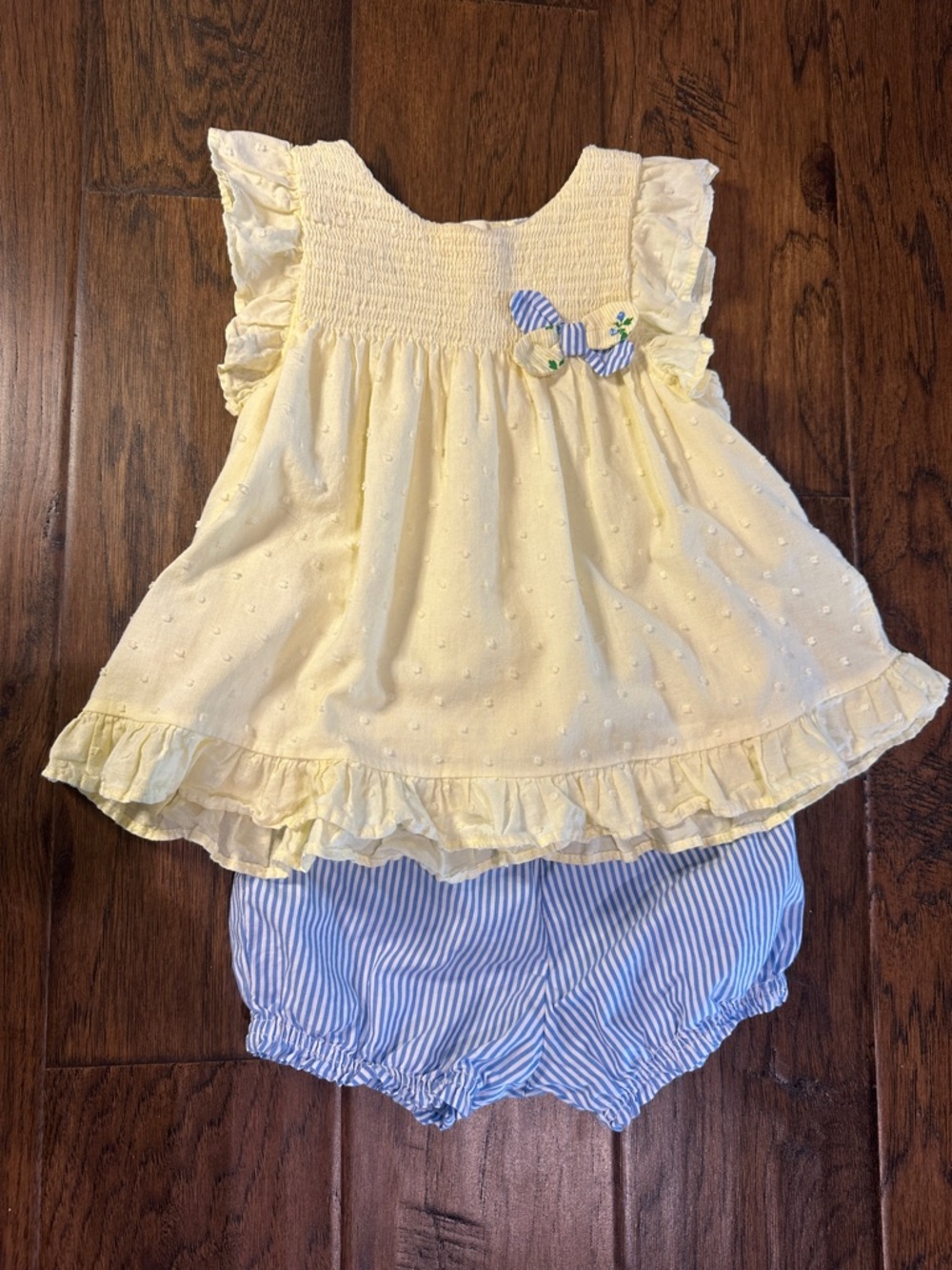 Little Me Yellow Chenille Top with Blue Striped Bloomers